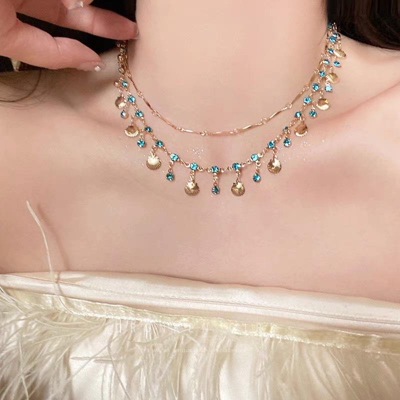 跨境海的女儿~蓝色锆石金色贝壳项链百搭手链设计轻奢吊坠首饰