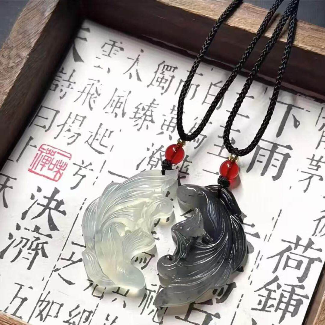 新中式鱼化龙渐变色平安古风水墨双鱼吊坠项链女情侣