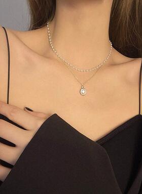 欧美跨境双层珍珠项链轻奢高级感颈链女小众设计感双层女生项链