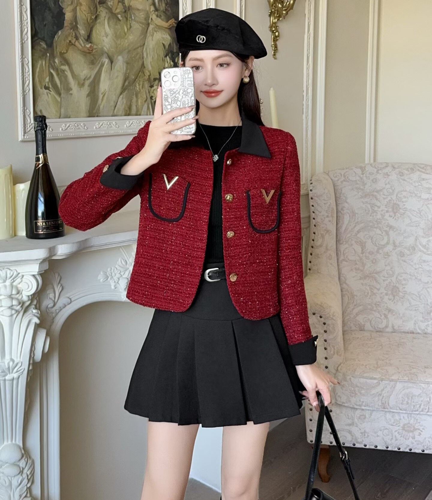 红色小香风呢子外套女2025秋冬气质复古订婚结婚撞色翻领短款上衣