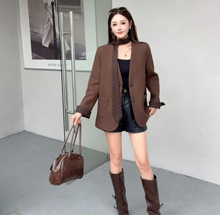 复古咖色豹纹拼接无领西装外套女2025冬款高级感夹棉加厚休闲呢子