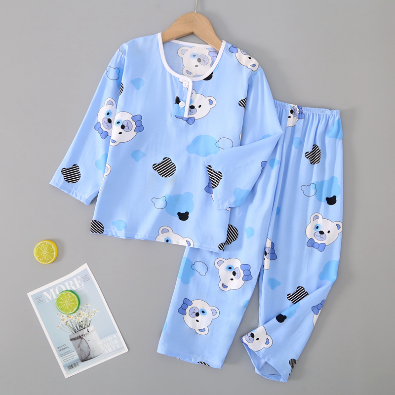 儿童棉绸睡衣夏季薄款男童女童小孩宝宝绵绸长袖空调服家居服套装