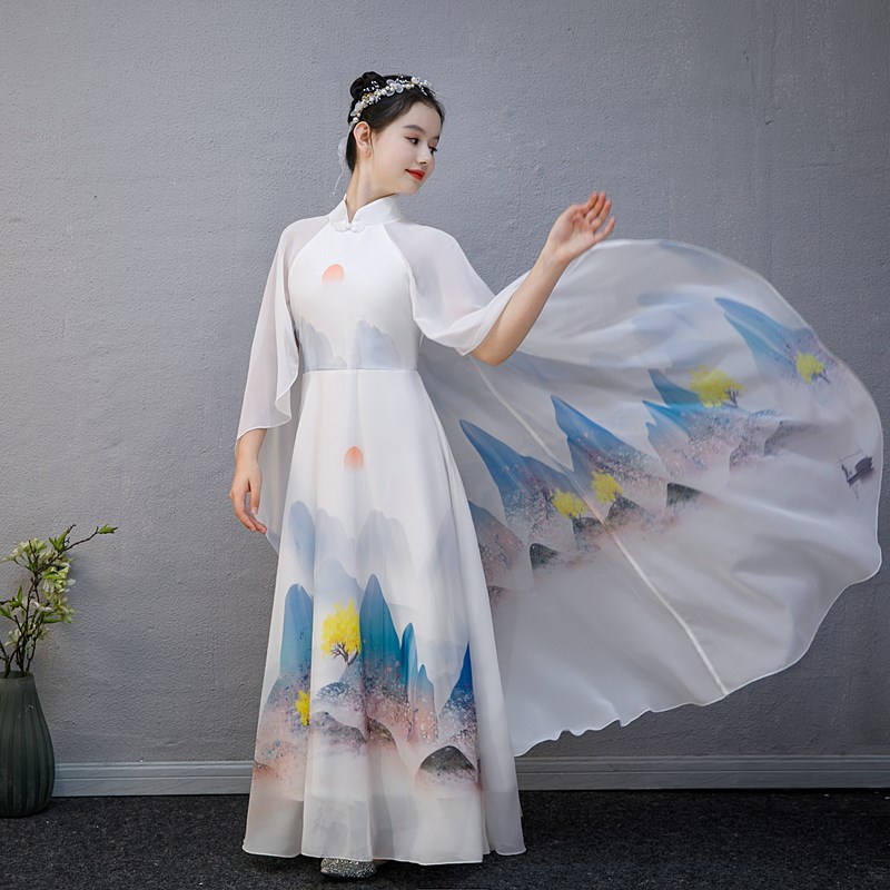 新款汉服女童古筝演出服山水画合唱中国风儿童演奏朗诵比赛表演服