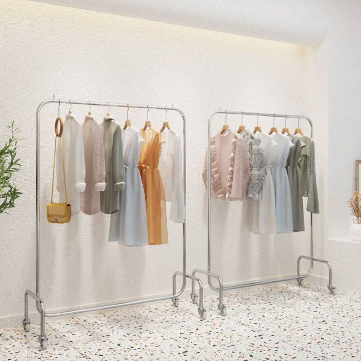 服装店挂衣杆简约落地式不锈钢拉丝带轮子男女装店货架中岛展示架