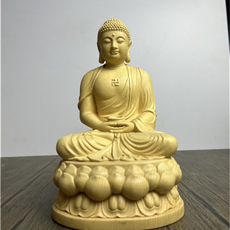 桧木雕刻三宝佛释迦牟尼佛像阿弥陀佛像释迦摩尼佛坐像药师佛摆件