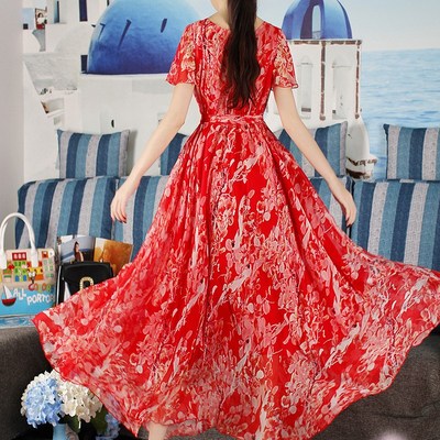 2024夏季新款连衣裙红色雪纺碎花波西米亚长裙大码胖mm海边度假