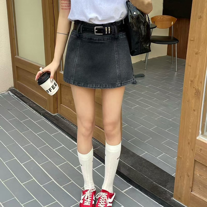 R&K时尚牛仔短裙裤女2025春夏显瘦A字阔腿裤假两件百搭前裙后裤