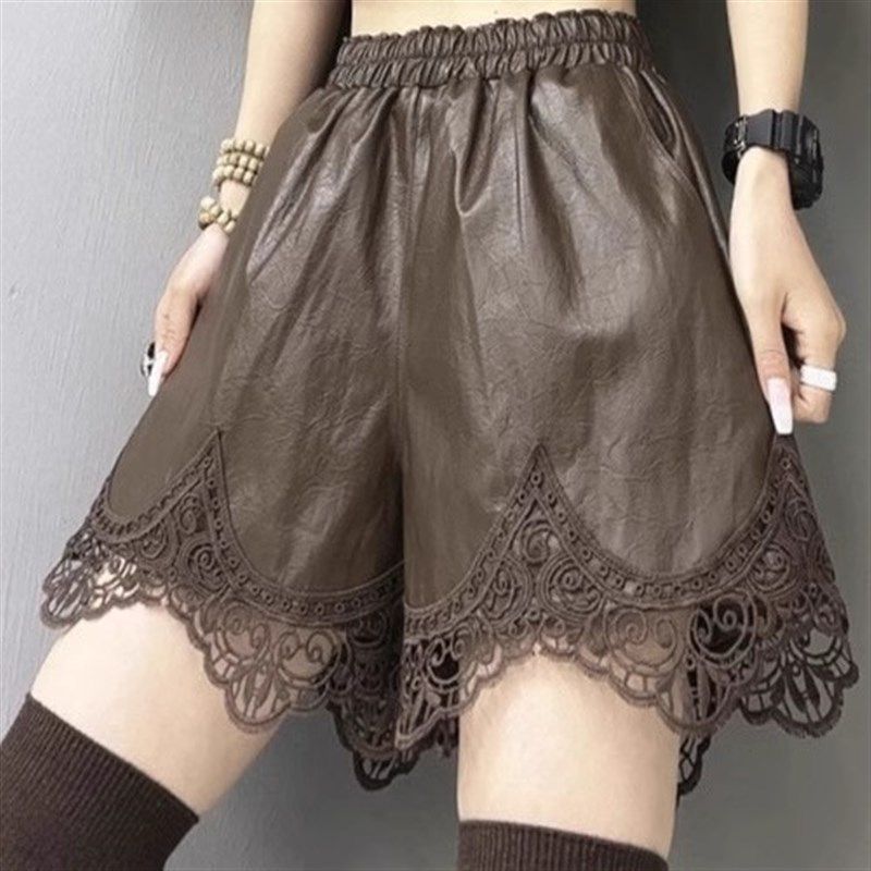 2025秋冬松紧腰气质短裤设计感蕾丝拼接小个子穿搭靴裤打底PU皮裤