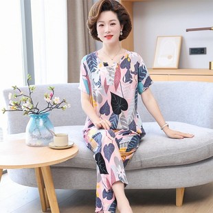 中老年妈妈夏装粘稠六十多岁60七十东方绸套装棉球老妈夏天睡衣服