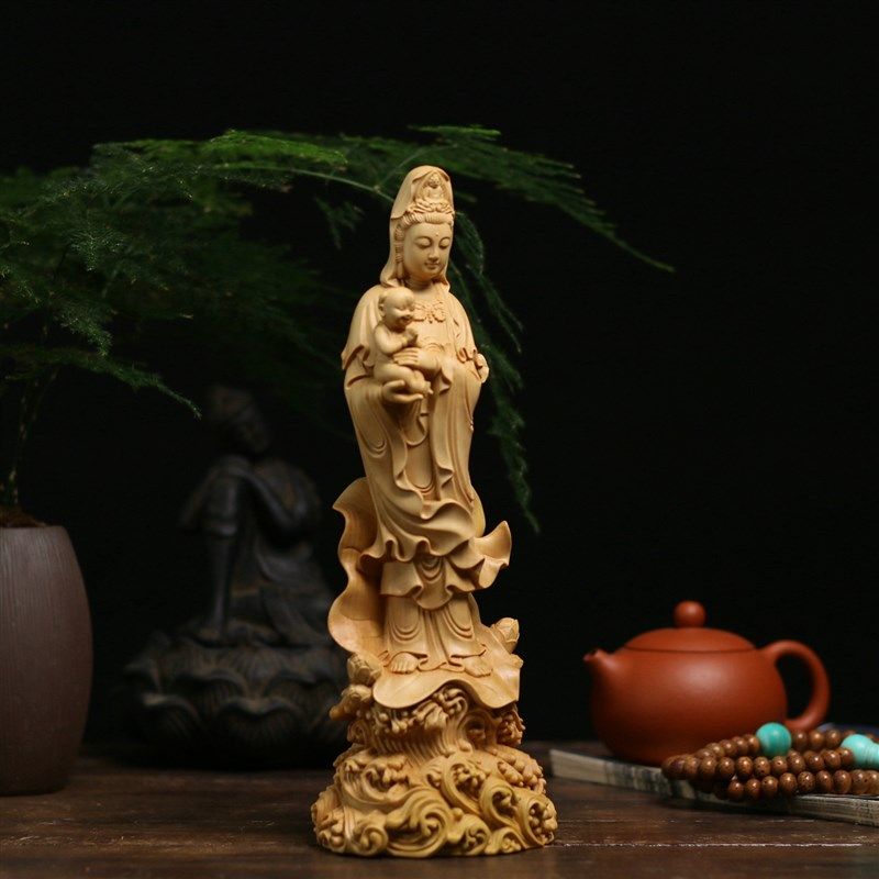 小叶黄杨木雕实木雕刻木质摆件新中式工艺品供奉菩萨佛像送子观音