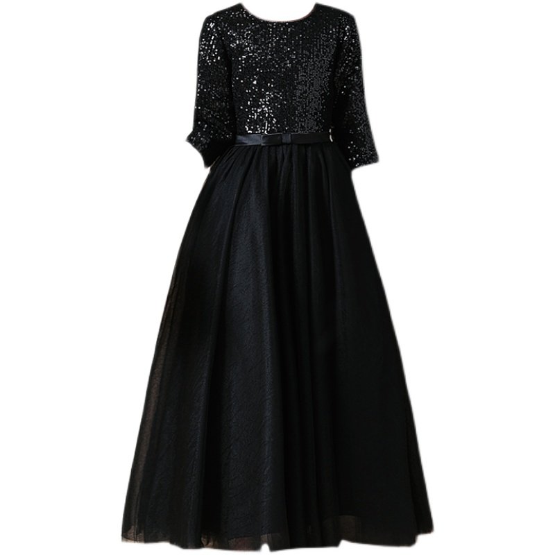 中大童高档钢琴演出服女童亮片生日礼服黑色小提琴演奏服乐团指挥