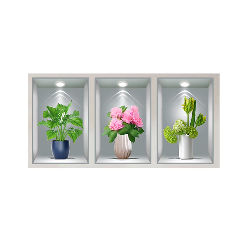 3D盆栽三联画墙画客厅装饰画植物花卉楼梯装饰画宾馆餐厅自粘画图片