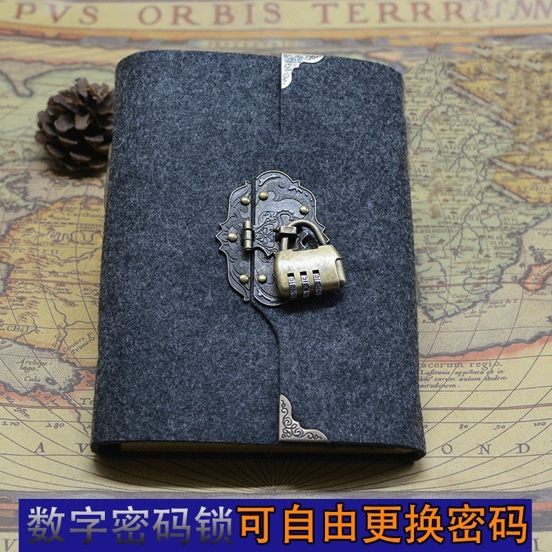 复古记事本带锁手账本A5毛毡活页日记本文具创意笔记本数字密码锁