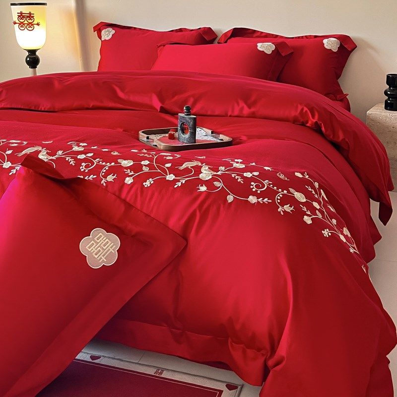 简约结婚床上四件套婚床婚嫁纯棉被套床单婚庆全棉大红色婚房喜被
