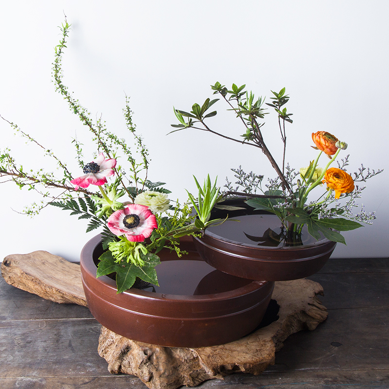 中华花艺花道花器水盘剑山插花器仿柴烧小原流盆插花器皿中式日式