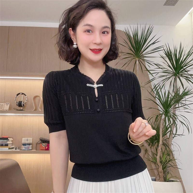吕木定制新中式中袖套头短袖T恤夏季针织衫镂空收腰款#24008#