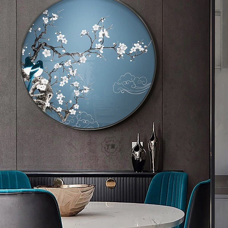 餐厅饭店背景墙装饰画新中式茶室入户玄关圆形挂画客厅中国风工笔图片