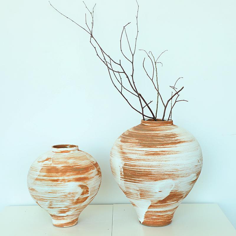 复古粗陶大花瓶侘寂日式家居装饰室内插干花器民宿陶瓷摆件软装品