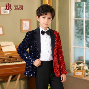 男童西装套装儿童礼服红蓝撞色主持人走秀演出服男孩亮片表演服