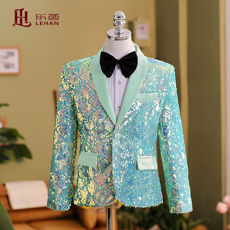 孔雀蓝礼服儿童男表演西服马甲