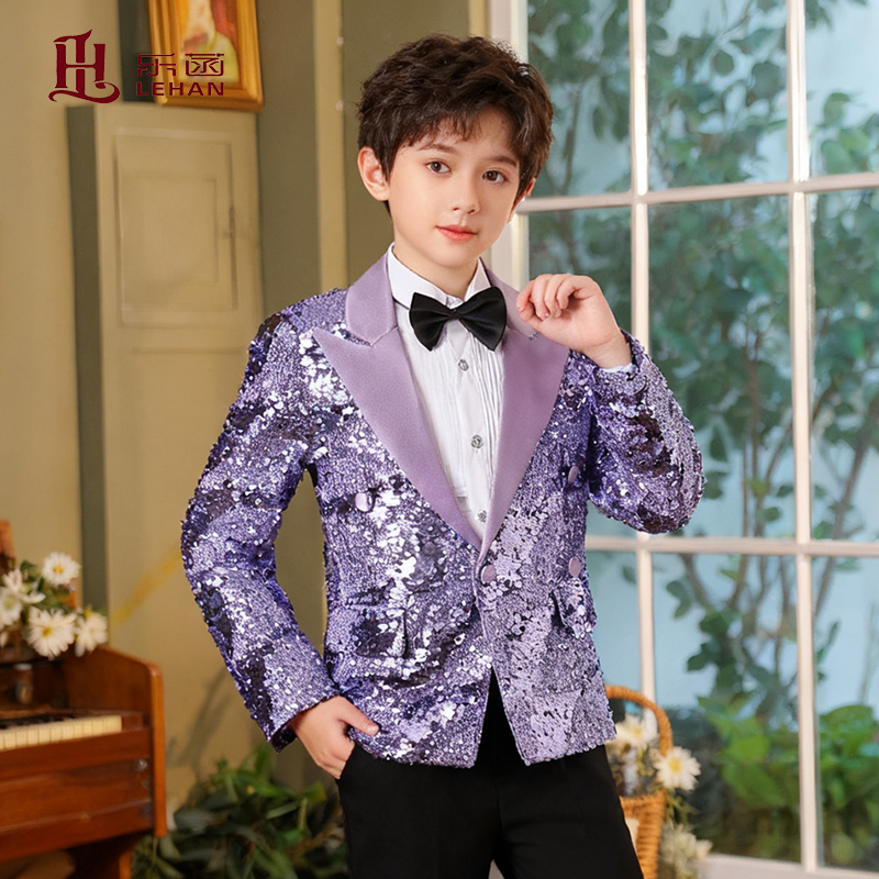 乐菡儿童演出服男童紫色亮片礼服