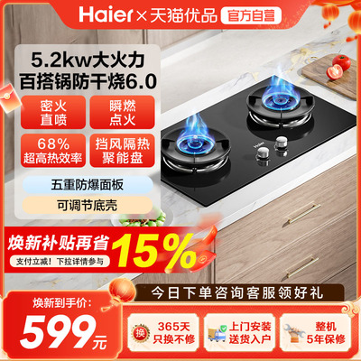 海尔麦浪天然气家用厨房防干烧双灶台猛火燃气灶Haier/海尔 QGBE2