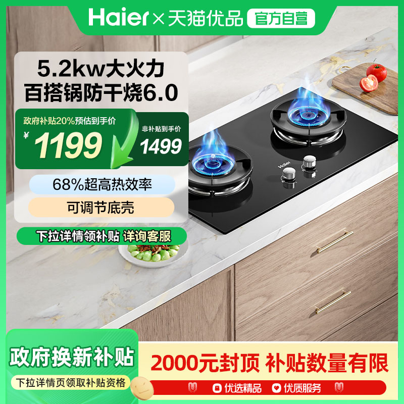海尔麦浪天然气家用厨房防干烧双灶台猛火燃气灶Haier/海尔 QGBE2