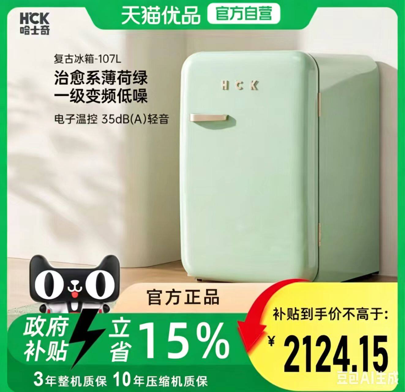 HCK哈士奇复古小冰箱107升冷冻冷藏保鲜客厅冰吧RC-130D-SK薄荷绿