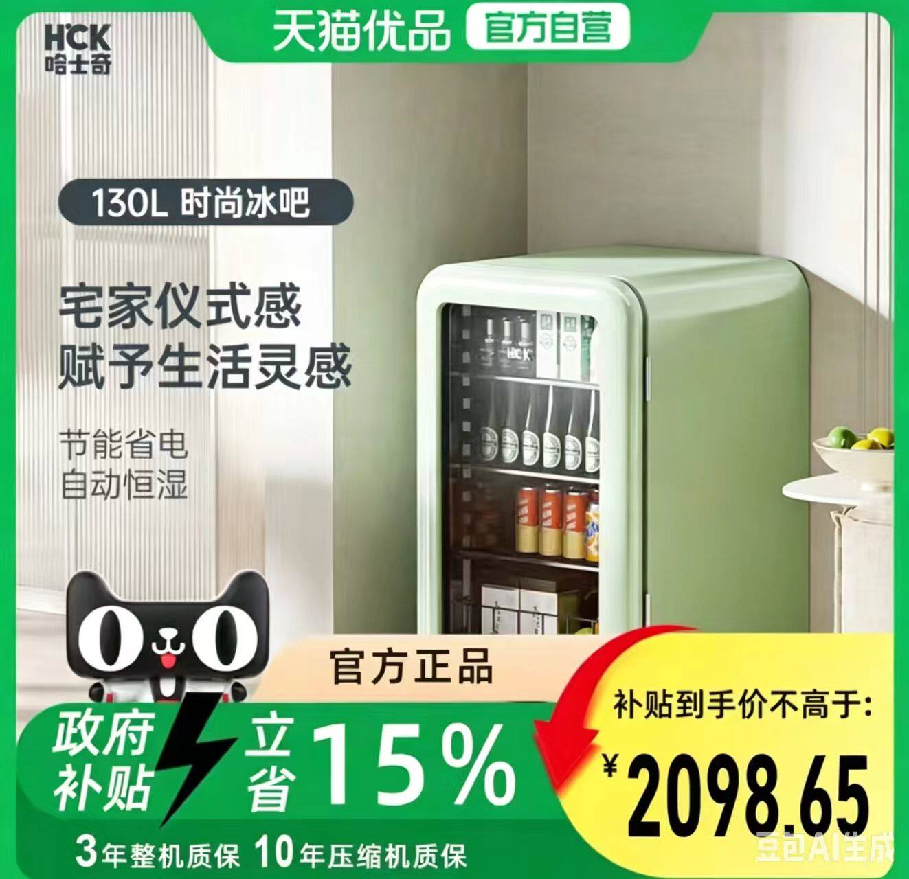 HCK哈士奇2.0墩墩吧130升冰吧家用办公室小冰箱SC-130RBA-S(U)
