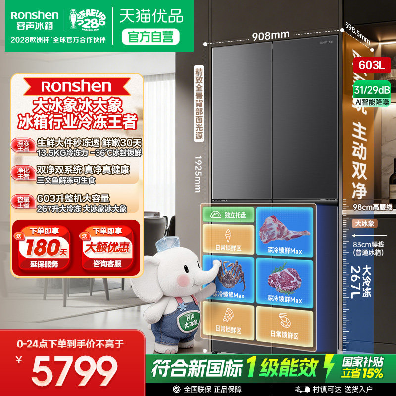 【精品】容声大冰象603L双净双系统家用冰箱十字对开四门零嵌入式