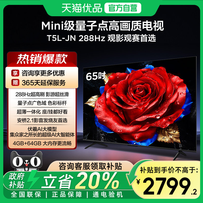 【补贴20%】TCL电视 65T5L-JN 65英寸 240Hz高刷QLED量子点电视-X