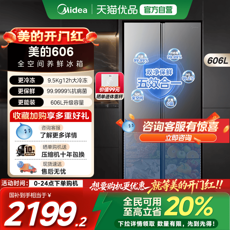 美的606对开双开门大容量超薄风冷无霜一级能效节能家用冰箱