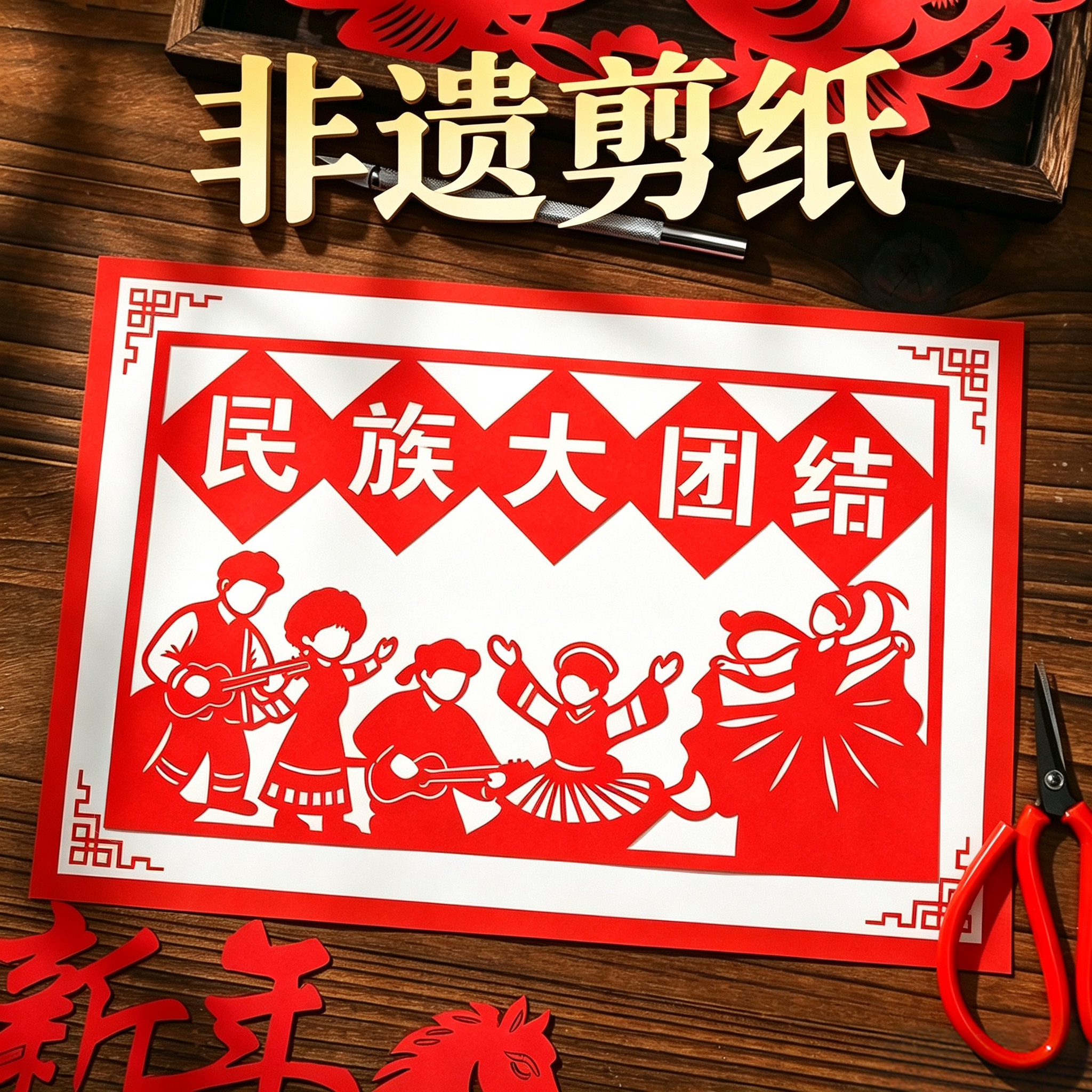 民族大团结剪纸手工作品一家亲中国梦爱国主题底稿文创作业团建
