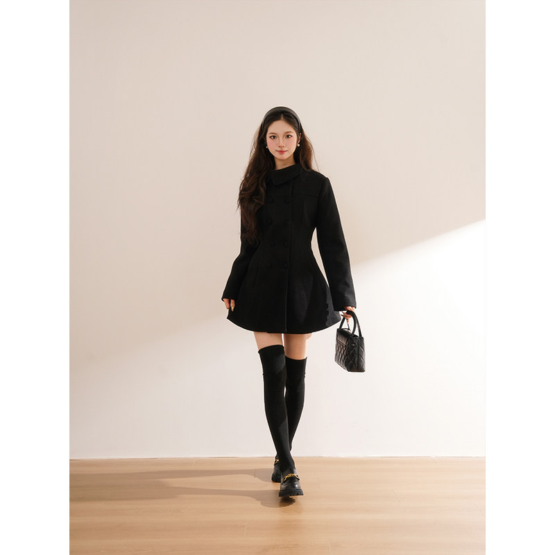 厚黑穿搭排扣翻领黑色收腰毛呢外套中长款夹棉厚西装毛呢大衣女冬