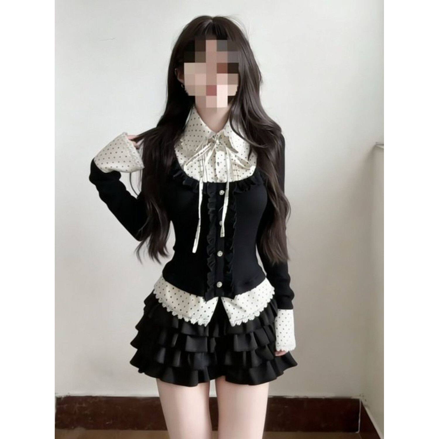 可可森林 黑色撞色波点假两件半裙套装女春季法式miu系穿搭两件套