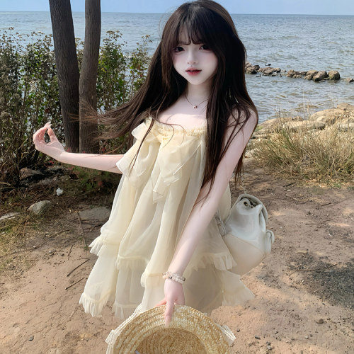 法式温柔甜美雪纺挂脖无袖连衣裙夏季20255新款度假f风蝴蝶结短裙