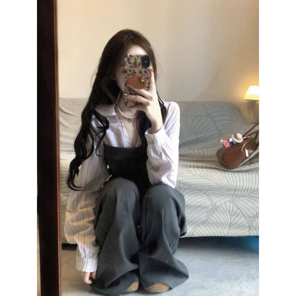 韩系休闲风条纹衬衫假两件拼接修身上衣条纹西装裤套装