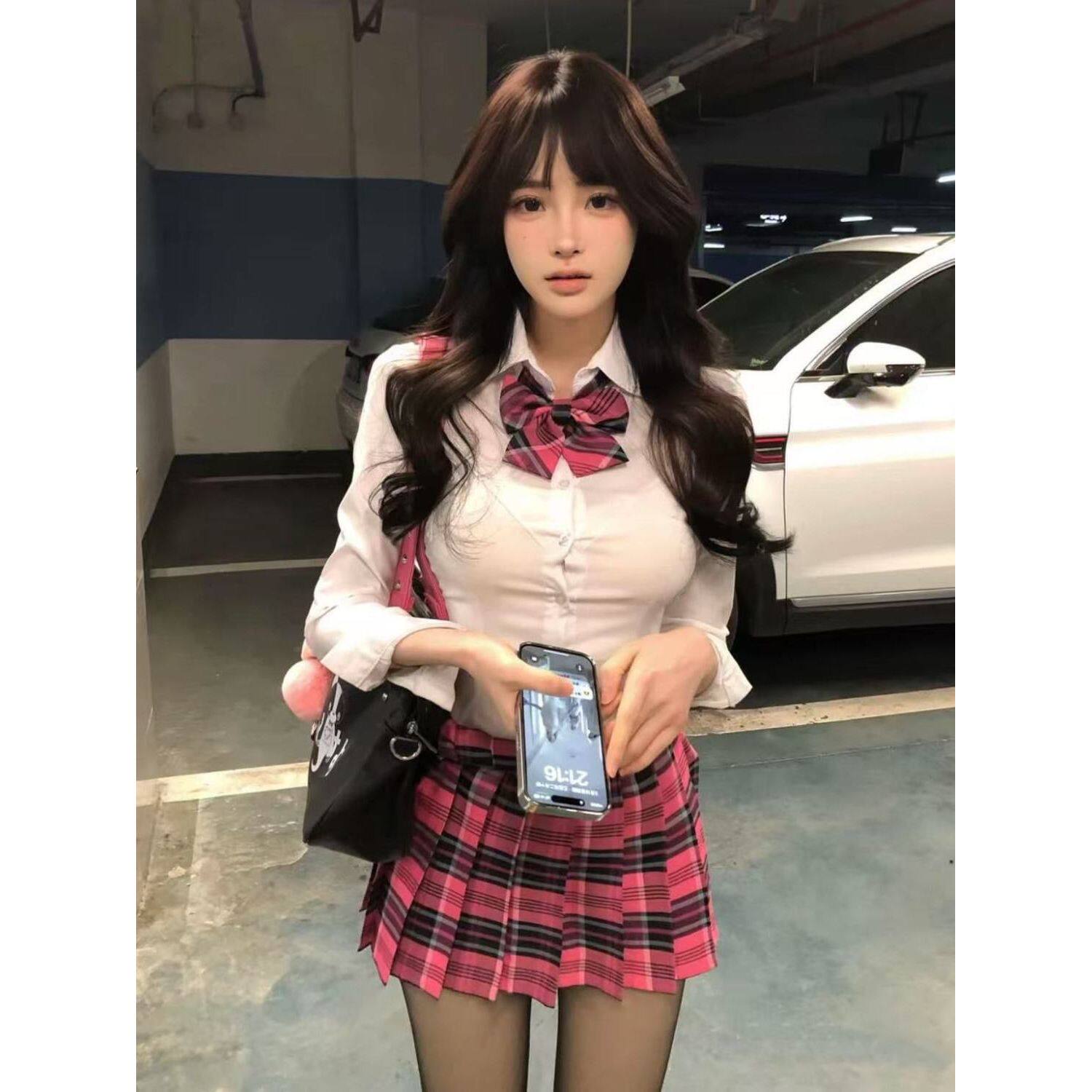 原创JK春夏校供感jk格裙学生a字半身裙学院风玫红百褶裙短裙