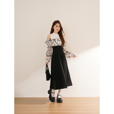 lemon丨日系水墨花荷叶边假两件拼接掐绑带腰露肩收腰连衣裙