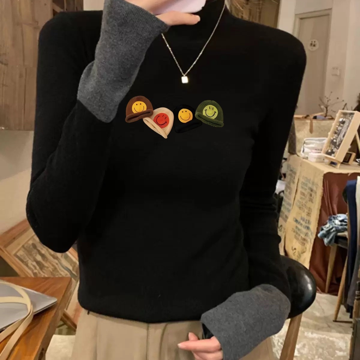 慵懒风撞色半高领长袖针织衫女高智感秋冬修身高级感小众毛衣上衣