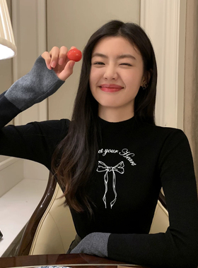 软糯黑色蝴蝶结半高领长袖针织衫女撞色修身打底衫高级感毛衣上衣