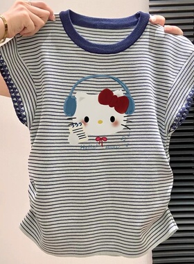 蓝色条纹短袖t恤女2025夏季新款撞色领修身显瘦短款褶皱掐腰上衣