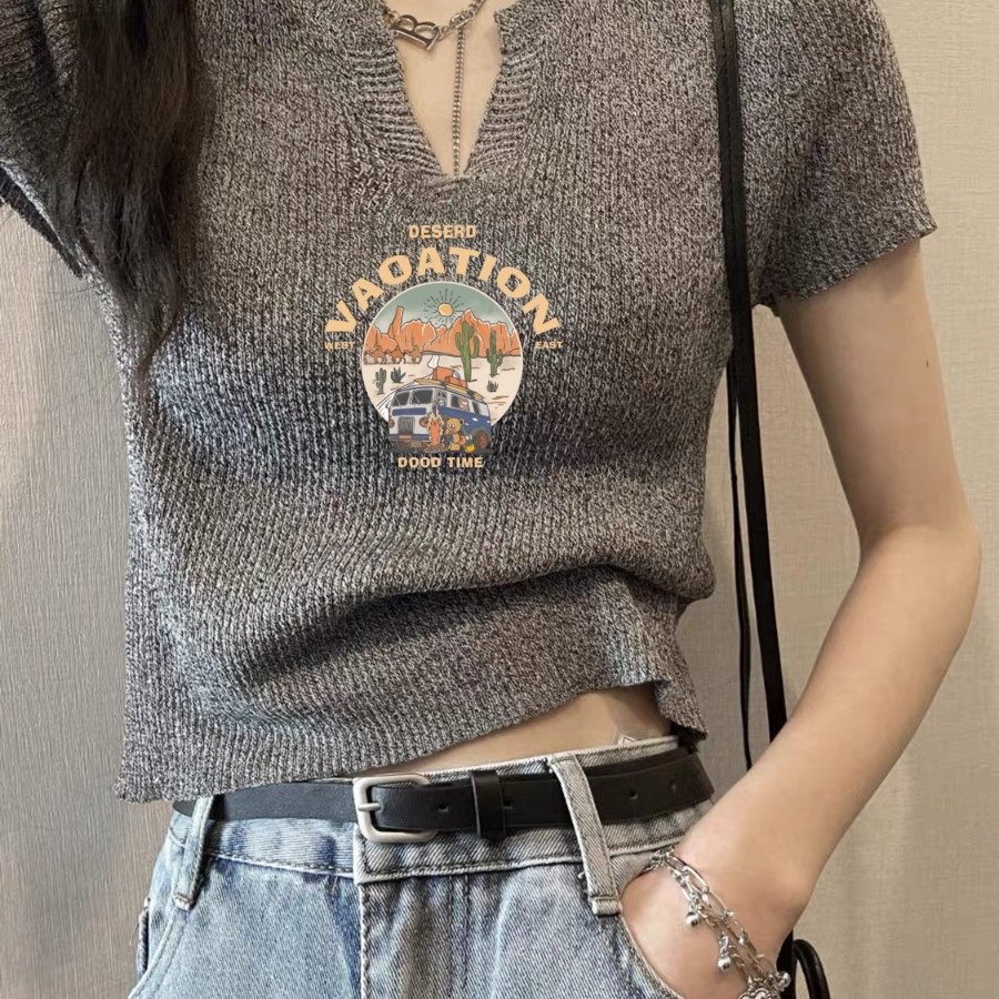 2025夏季新款修身显瘦短款V领T恤女美式复古短袖冰丝针织衫上衣潮
