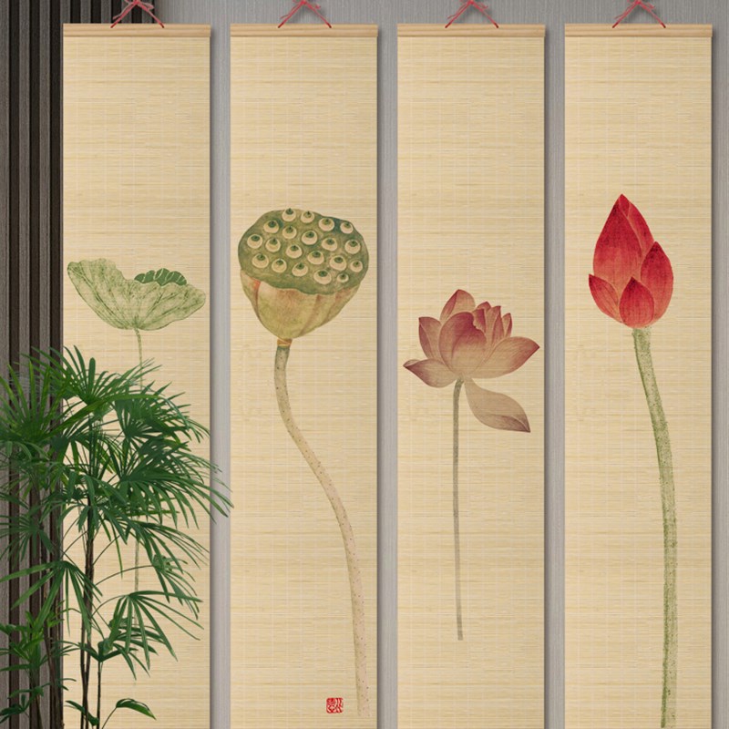 极速新中式荷花竹帘挂画客厅玄关装饰画茶室禅意复古X背景墙竹卷图片