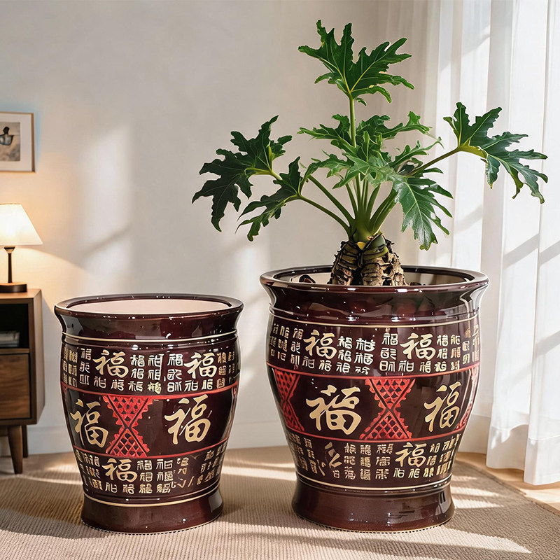 新中式花盆陶瓷特大号大口径高款清仓处理创意发财树天堂鸟送托盘