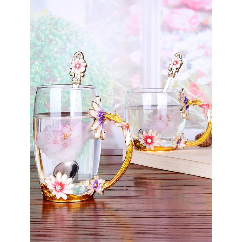 极速家用创意f珐琅彩水杯杯子咖啡杯少女心水晶玻璃杯果汁杯花茶