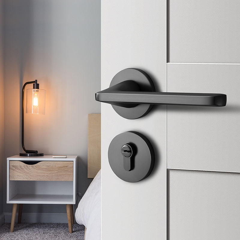 新品灰色门锁室内家用通用u型两件式门锁简约卧室房门锁具静音磁