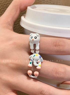 极速可爱童趣黑色小狗戒指女时尚个性闺蜜设计指T环小众洋气学生