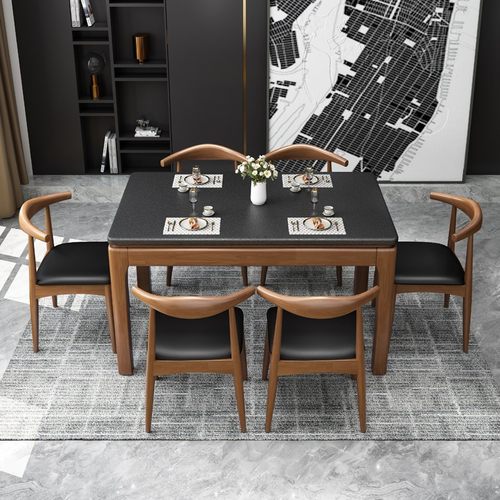 极速火烧石餐桌椅组合长q方形实木带电磁炉家用饭桌现代简约小户0