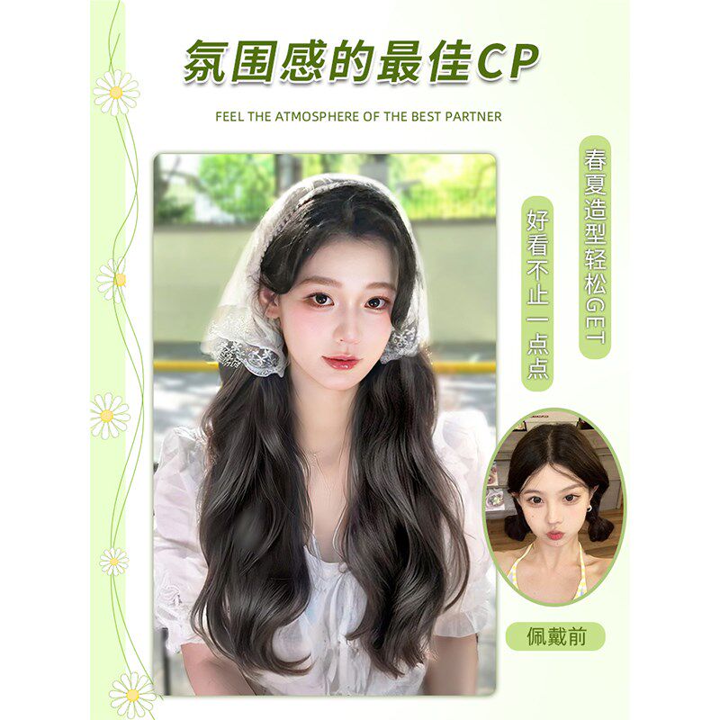新品假发女全头套发箍头巾假发一体女夏天仿真P发大波浪可拆卸三图片